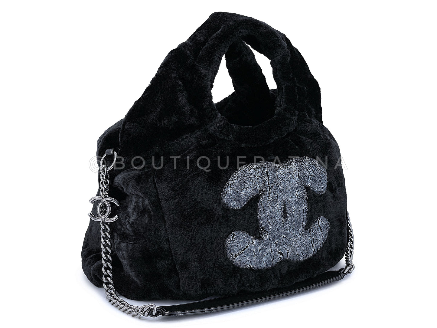Rare Chanel 2010 Black Logo Fur Hobo Tote Bag SHW D7D