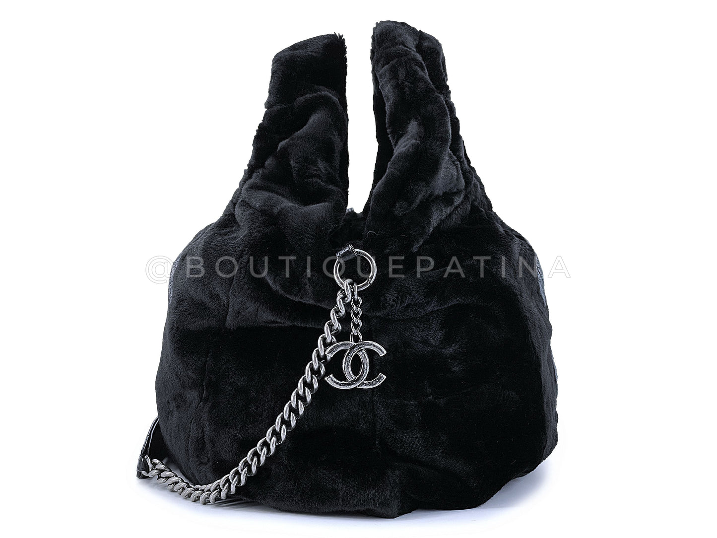 Rare Chanel 2010 Black Logo Fur Hobo Tote Bag SHW D7D