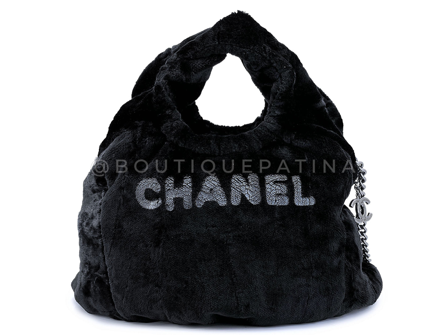 Rare Chanel 2010 Black Logo Fur Hobo Tote Bag SHW D7D