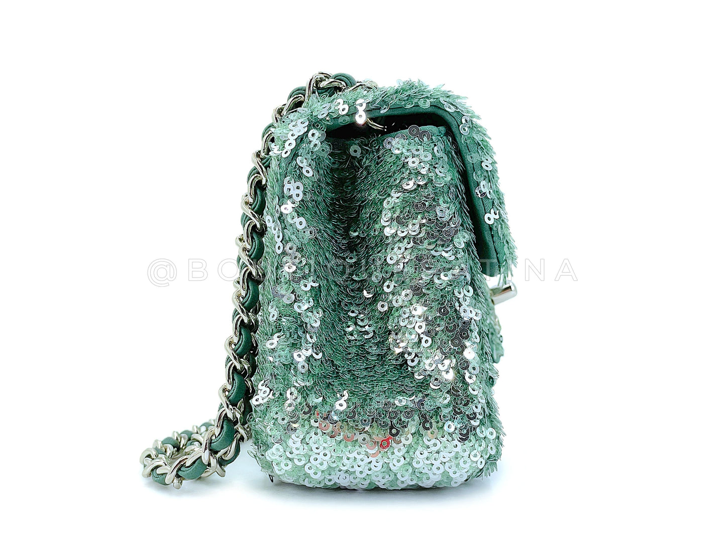 Rare Chanel Mermaid Green Sequins Mini Flap Bag Etched CC SHW