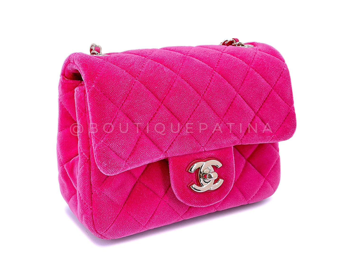 Chanel Pink Fuchsia Velvet Pearl Crush Crystal Charm Mini Flap Bag GHW
