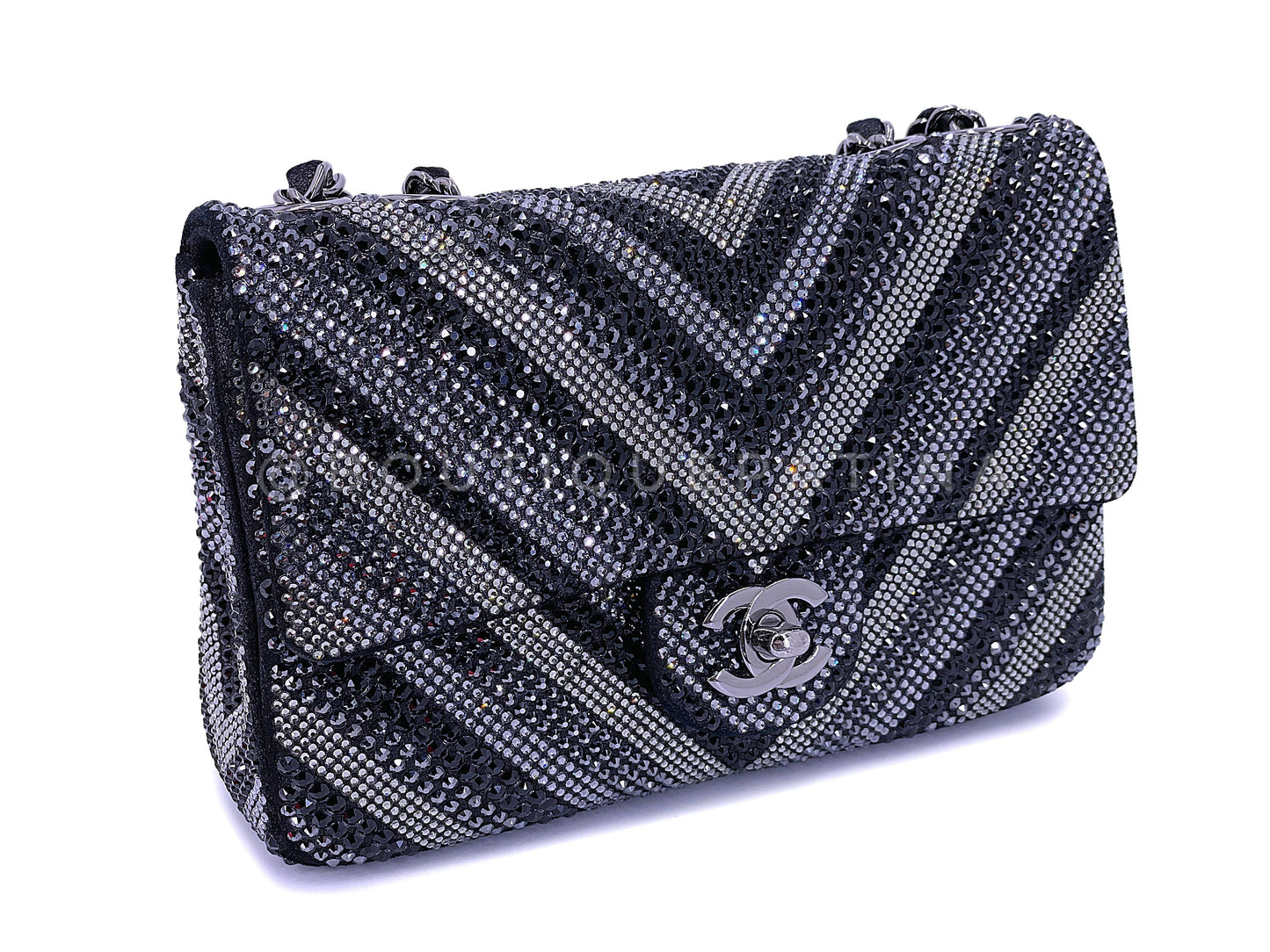 Rare Limited Chanel 2015 Black Chevron Swarovski Crystal Rectangular Mini Flap Bag