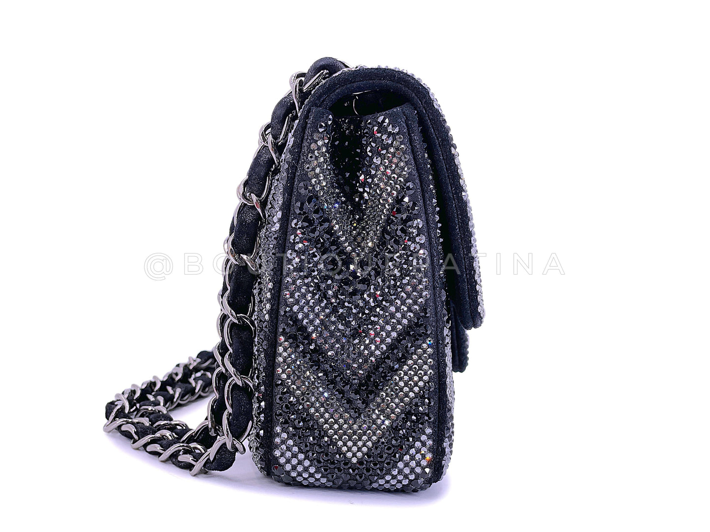 Rare Limited Chanel 2015 Black Chevron Swarovski Crystal Rectangular Mini Flap Bag
