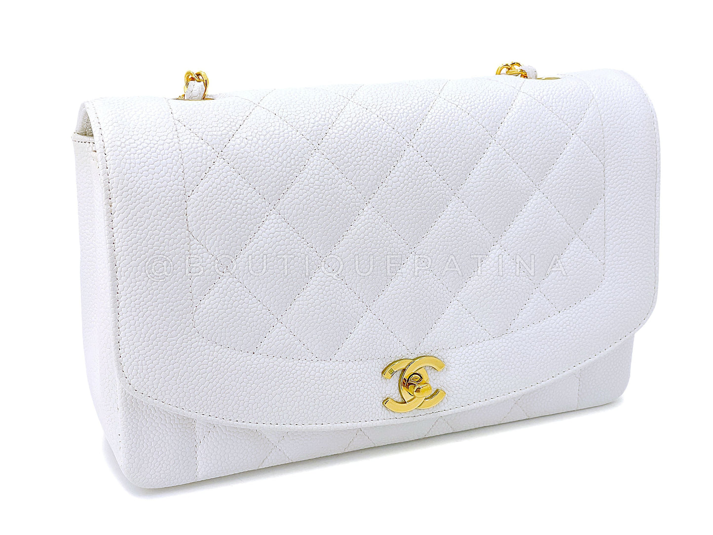 Chanel Vintage 1994 White Caviar Medium Diana Flap Bag 24k GHW