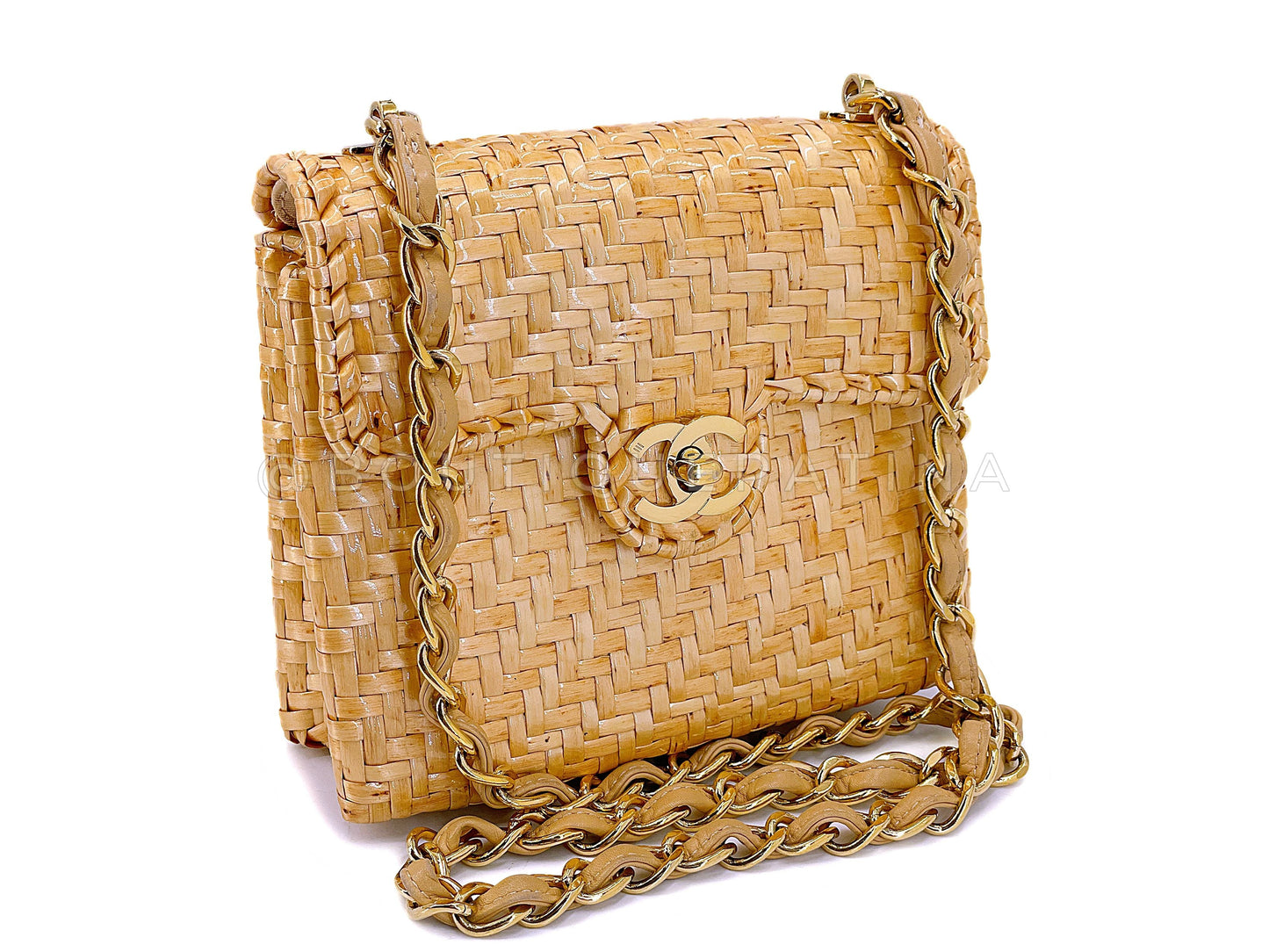 Rare Chanel 2000 Vintage Rattan Wicker Mini Flap Bag 24k GHW 11J