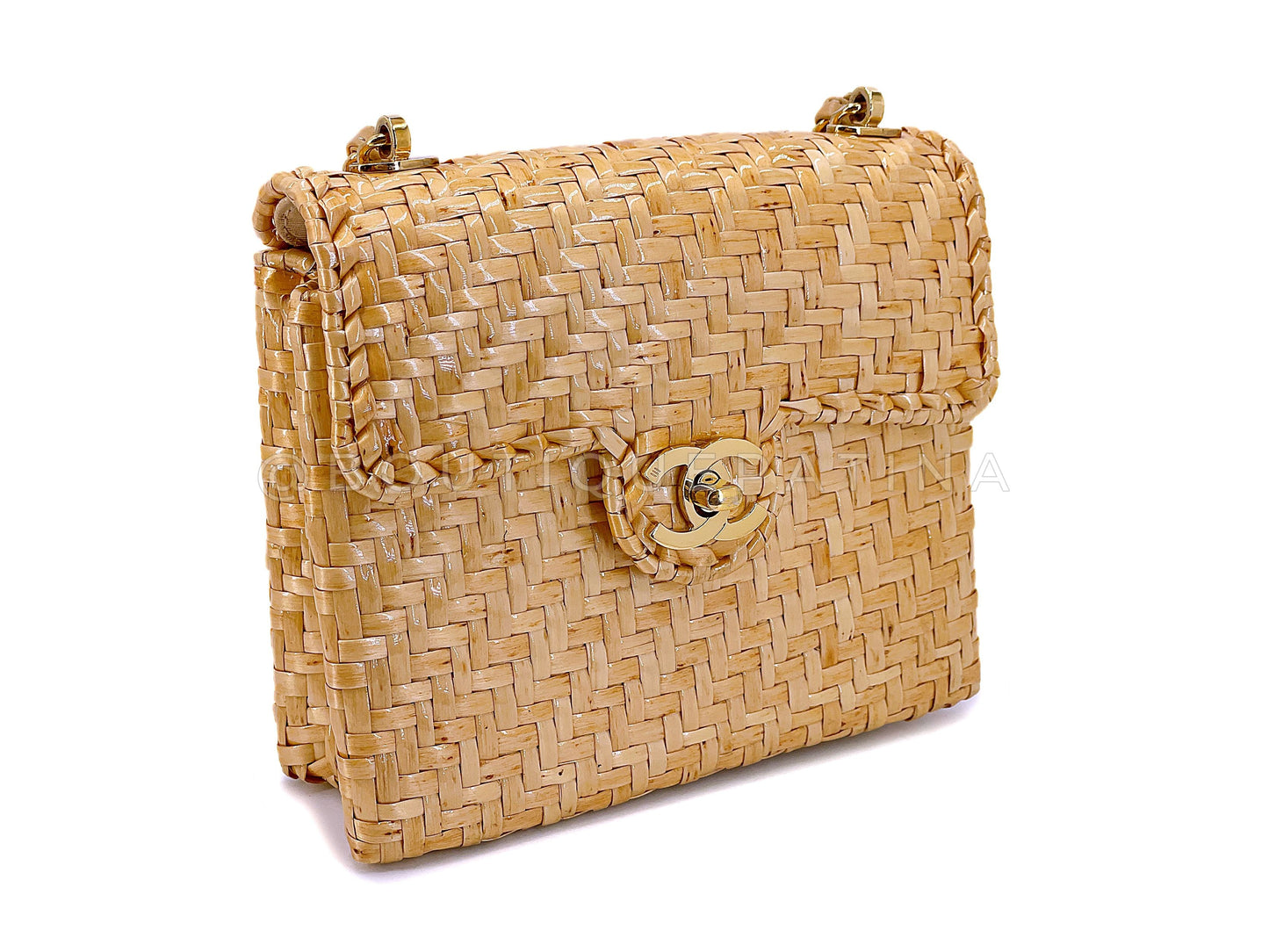 Rare Chanel 2000 Vintage Rattan Wicker Mini Flap Bag 24k GHW 11J