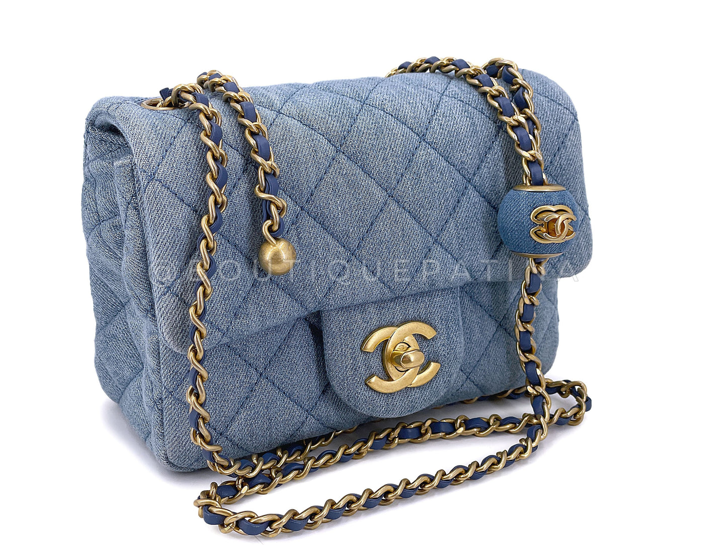 Chanel 22C Blue Denim Pearl Crush Square Mini Flap Bag GHW 93E