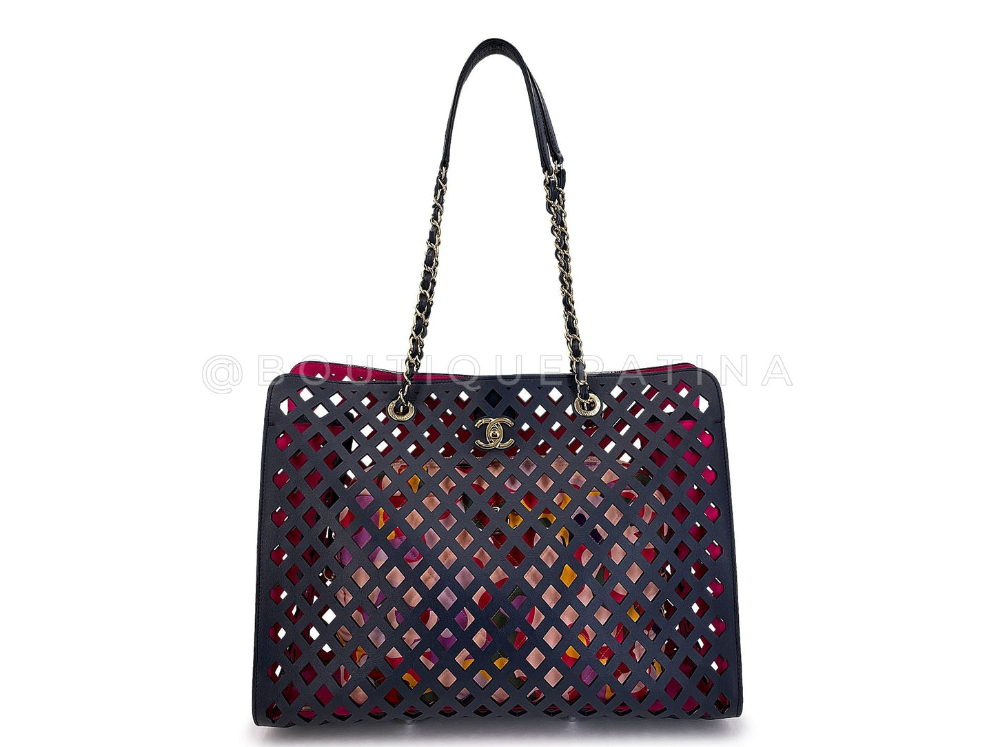 Chanel Black Fuchsia Pink Diamond Cutout Shopper Tote Bag 4FE