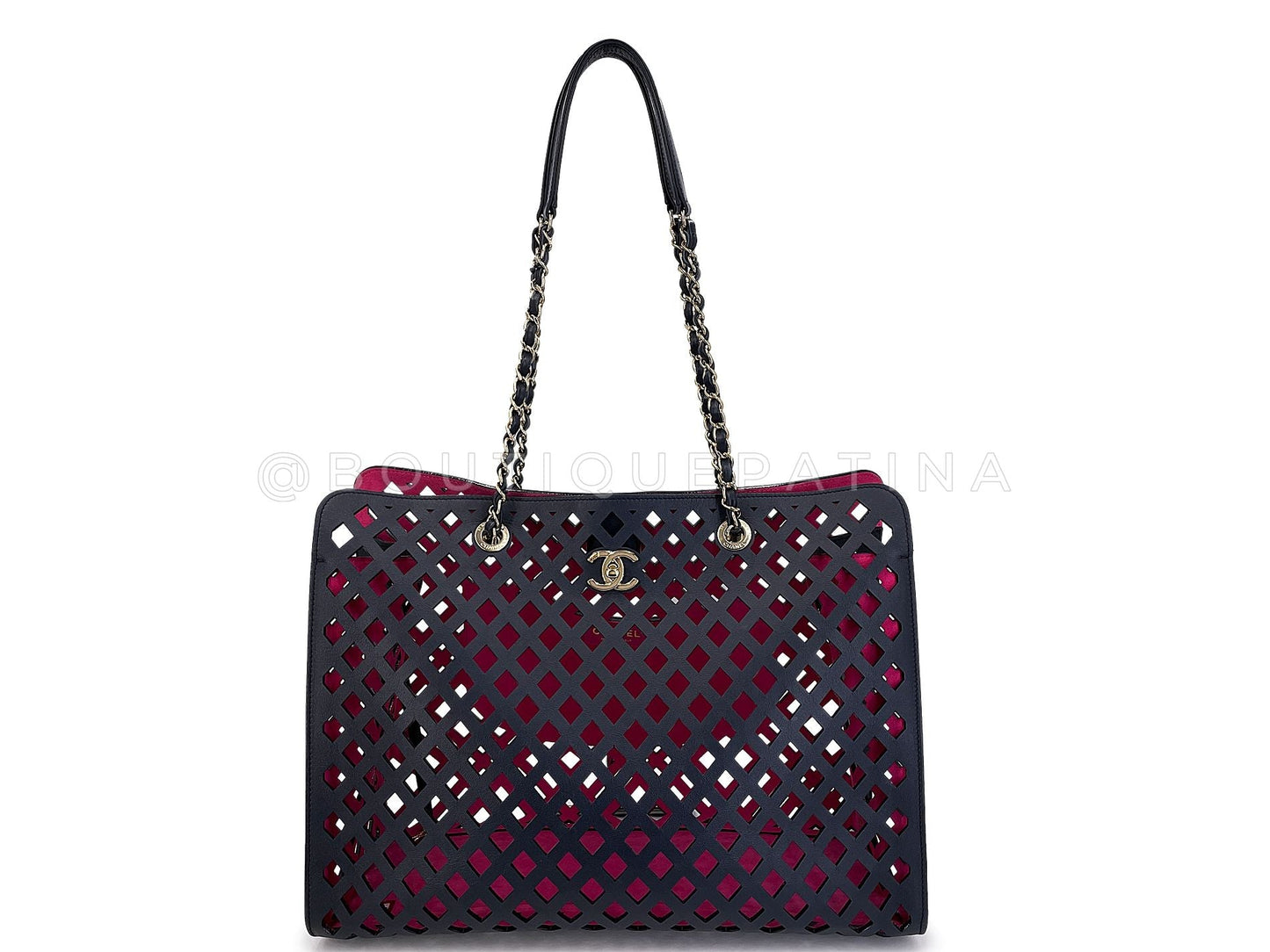 Chanel Black Fuchsia Pink Diamond Cutout Shopper Tote Bag 4FE