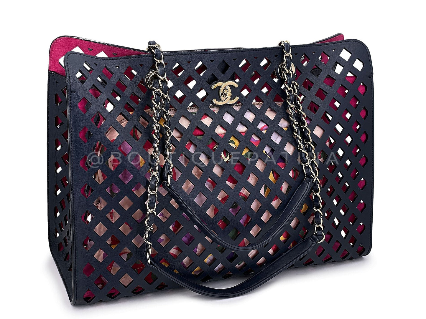 Chanel Black Fuchsia Pink Diamond Cutout Shopper Tote Bag 4FE