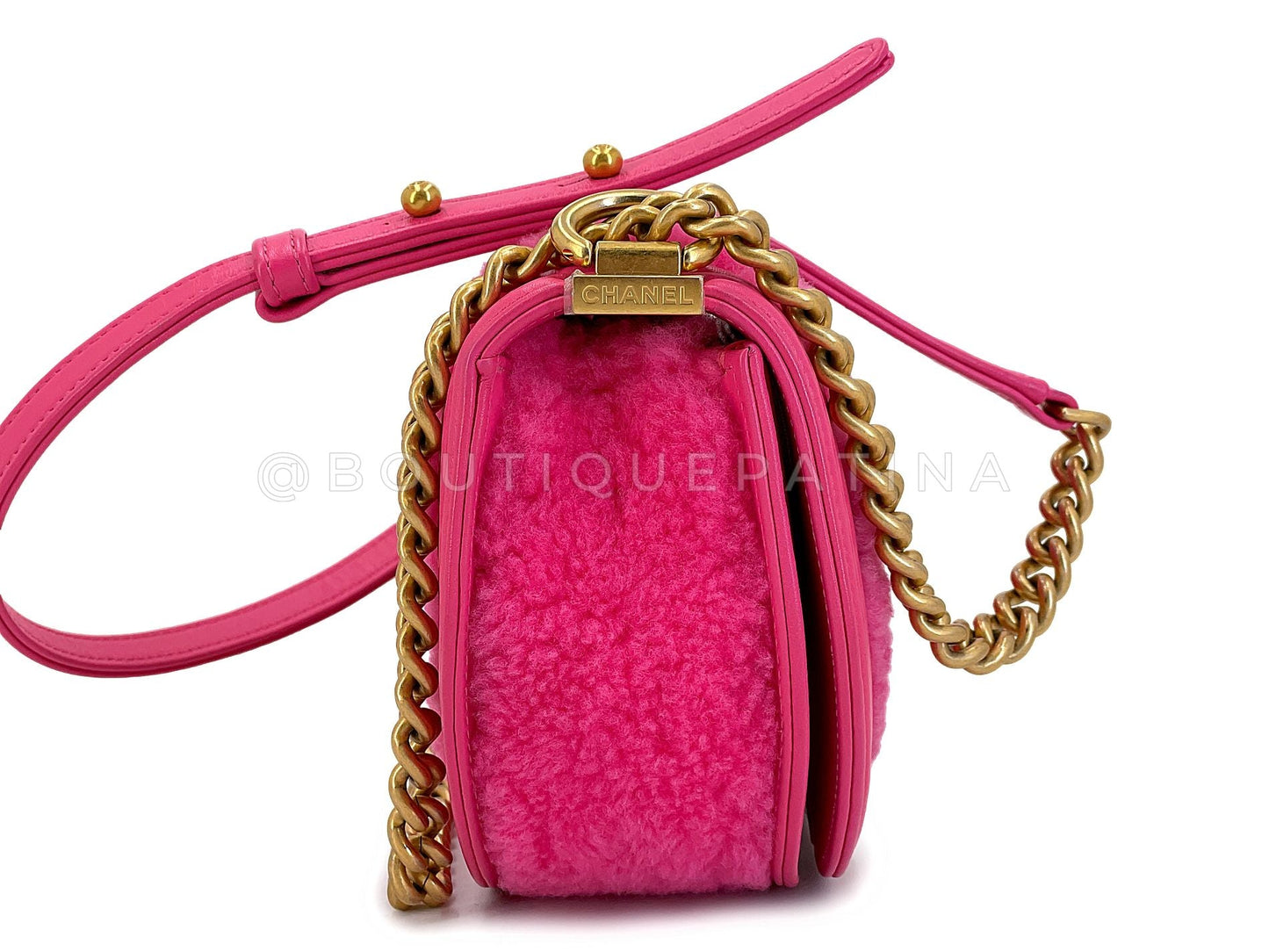 Chanel Fuchsia Pink Shearling Round Boy Flap Bag GHW EB1