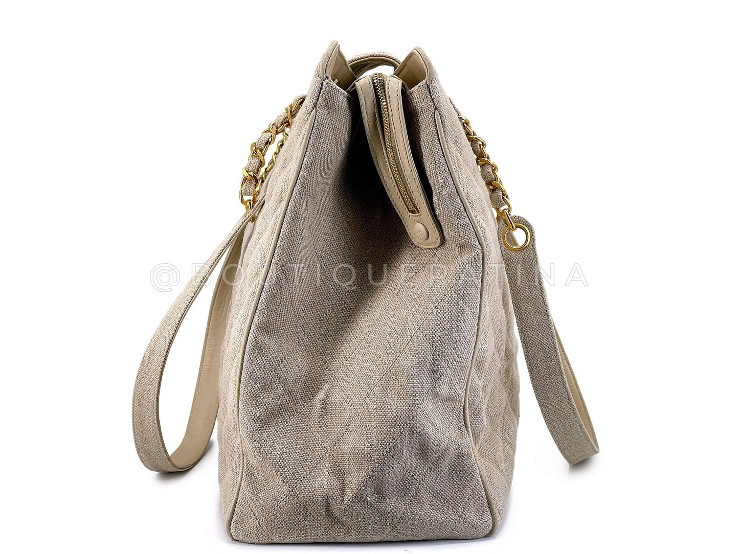 Chanel Vintage Supermodel Taupe Beige Linen XL Weekender Tote Bag 24k GHW