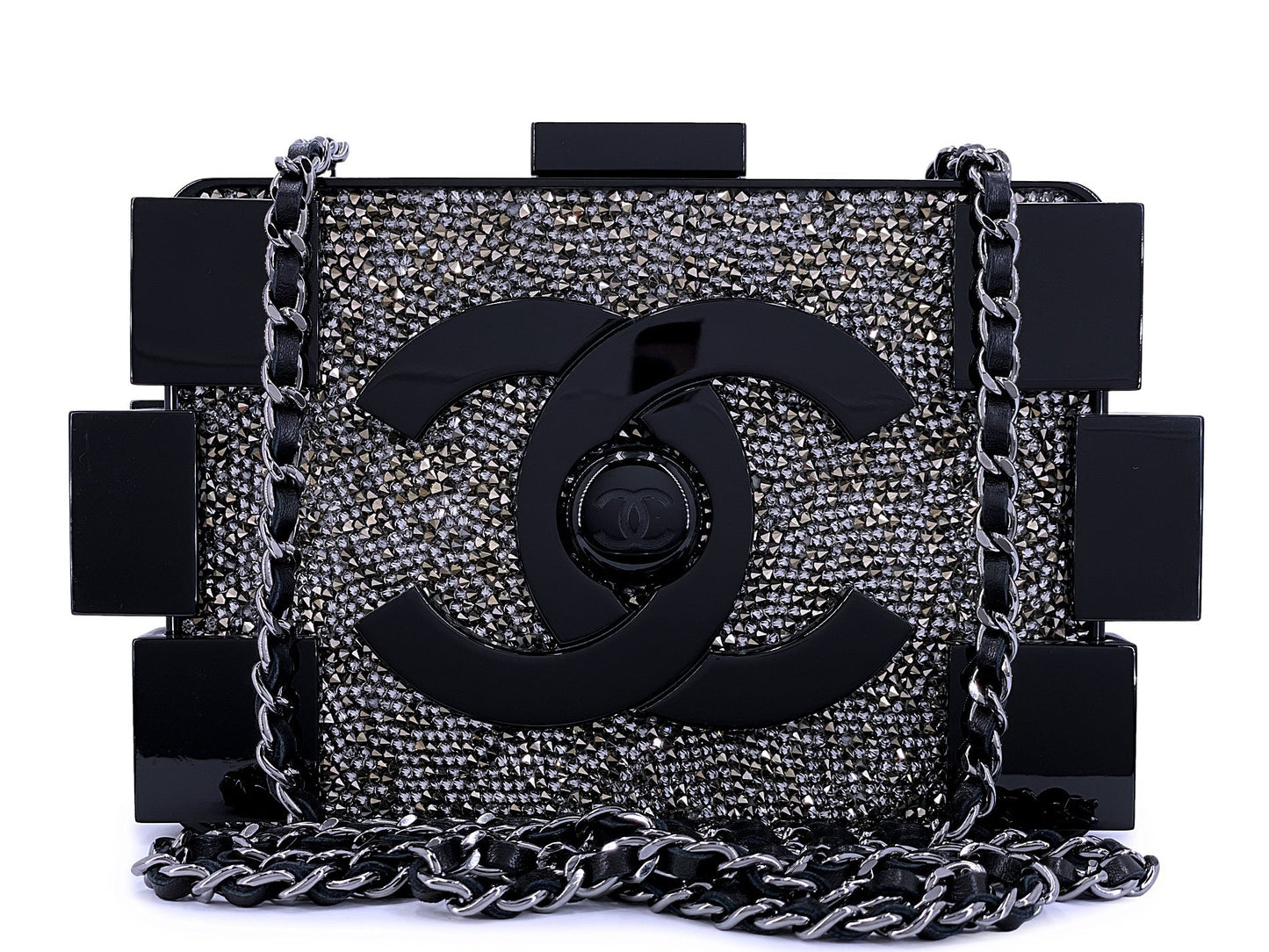 Chanel Lego Minaudière Strass Crystal Black Clutch Bag RHW 2013 Plexiglass ECY