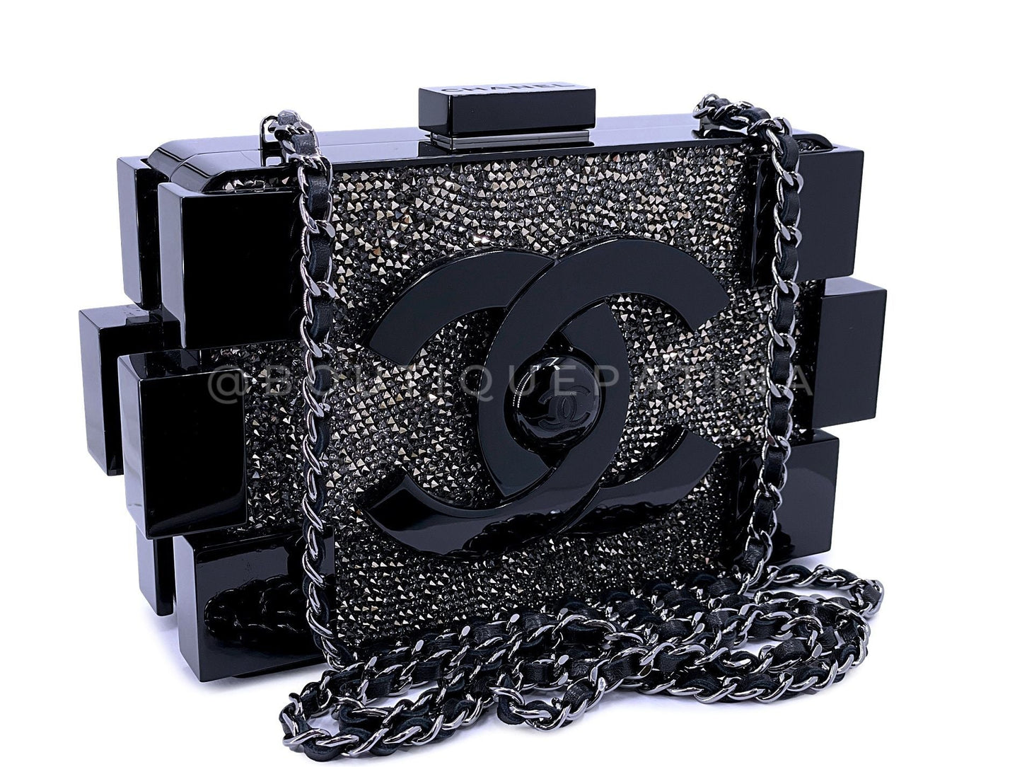 Chanel Lego Minaudière Strass Crystal Black Clutch Bag RHW 2013 Plexiglass ECY