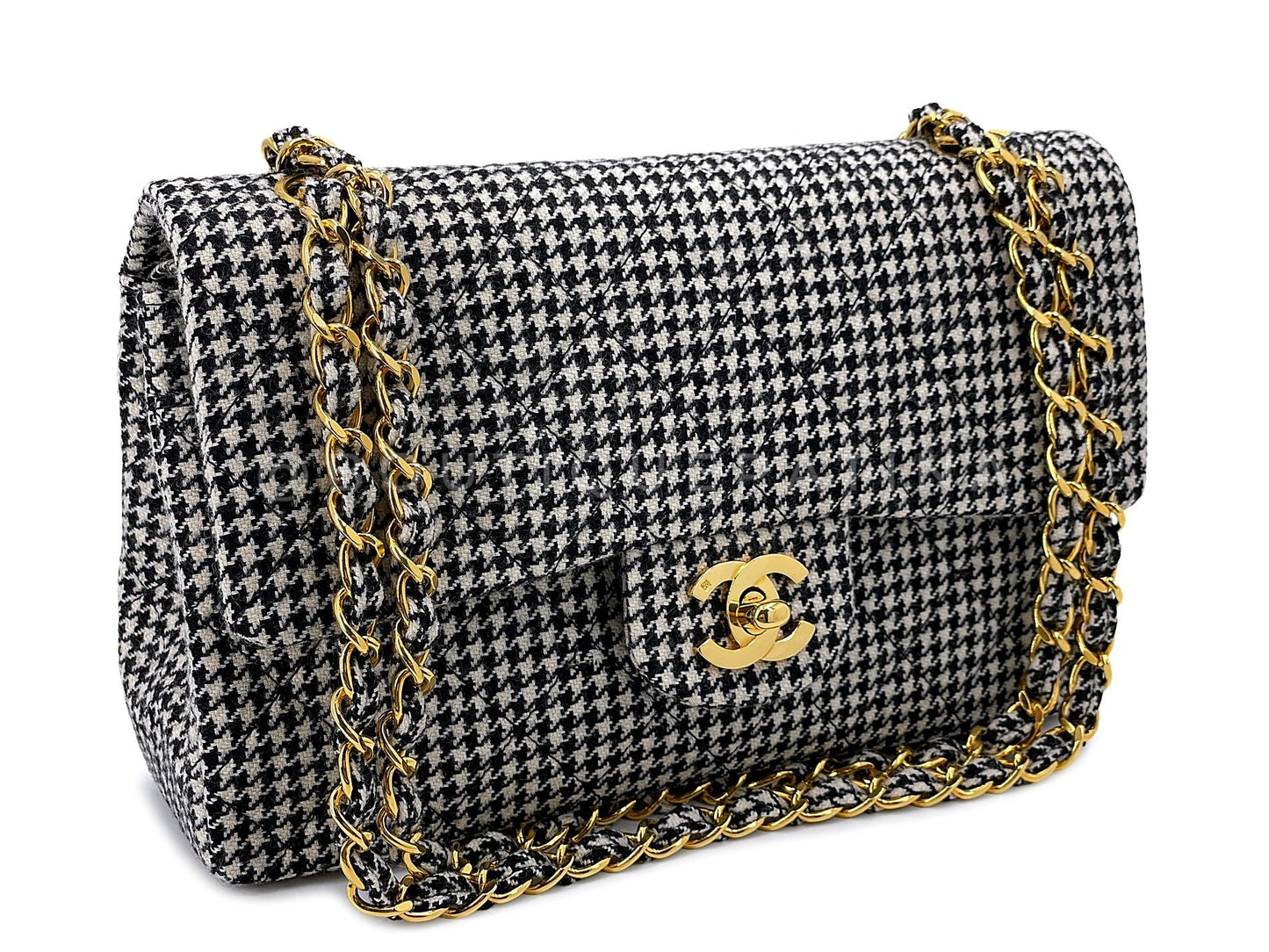 Chanel Vintage Houndstooth Small Classic Flap Bag 1991 Rare 24k GHW Double
