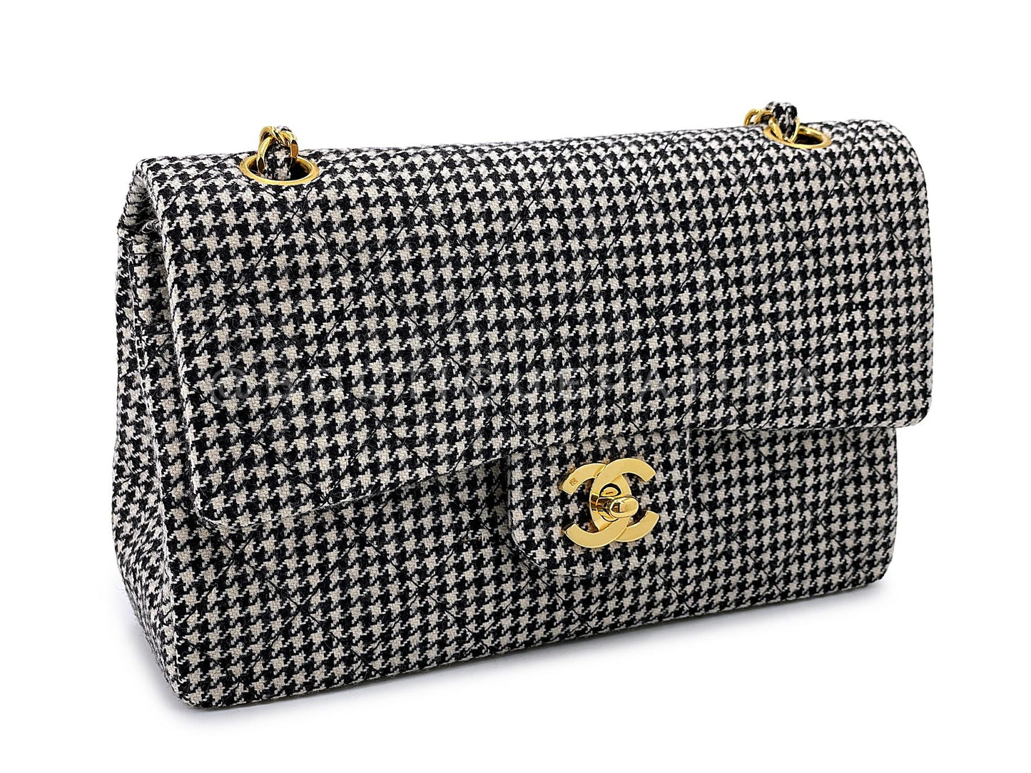 Chanel Vintage Houndstooth Small Classic Flap Bag 1991 Rare 24k GHW Double