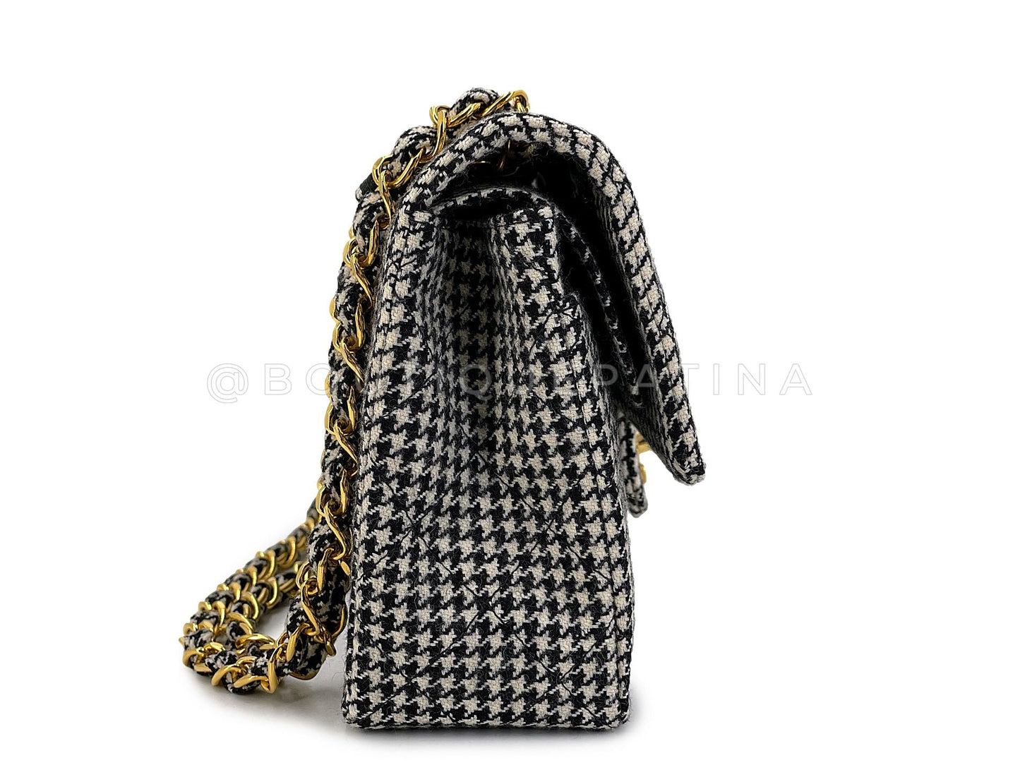 Chanel Vintage Houndstooth Small Classic Flap Bag 1991 Rare 24k GHW Double