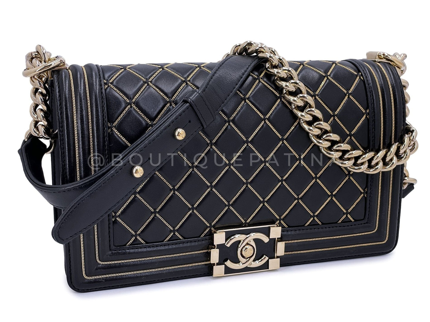 Chanel Micro Chain Boy Black Old Medium 2017 GHW Flap Lambskin Bag NPM