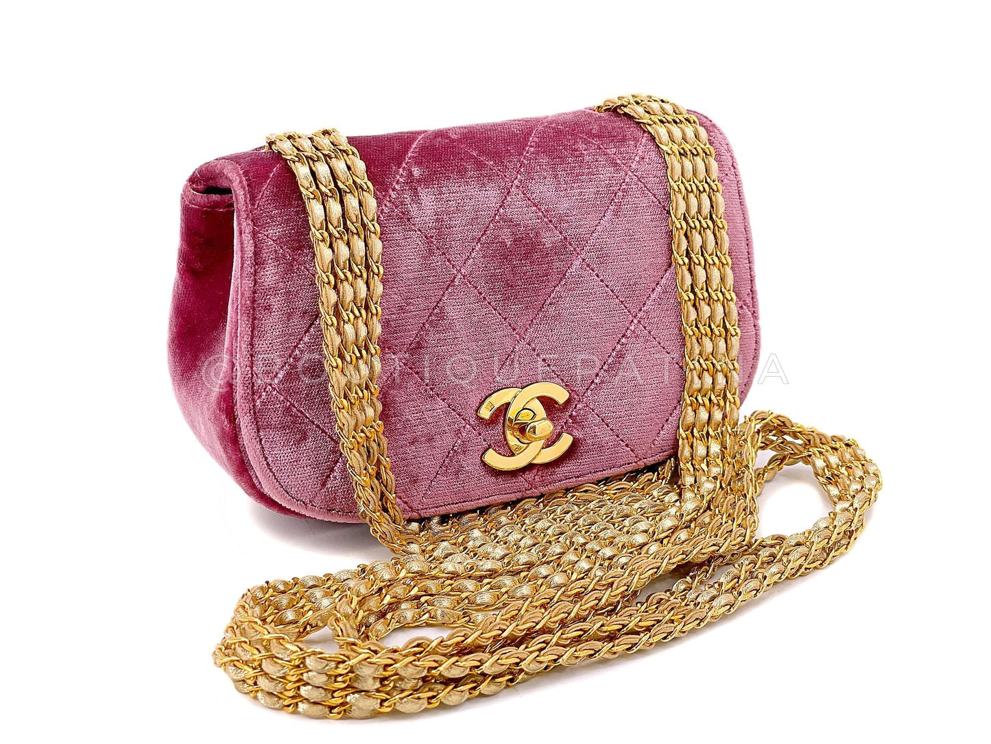 Chanel Vintage Mauve Pink Velvet Evening Bag Quadruple Chain 24k GHW 1996 CCU