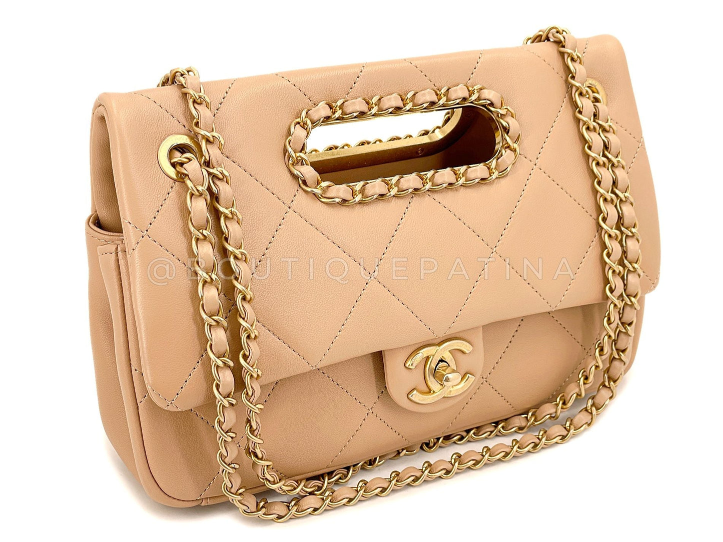 Chanel Beige Chain Handle A Real Catch Flap Bag GHW TTZ
