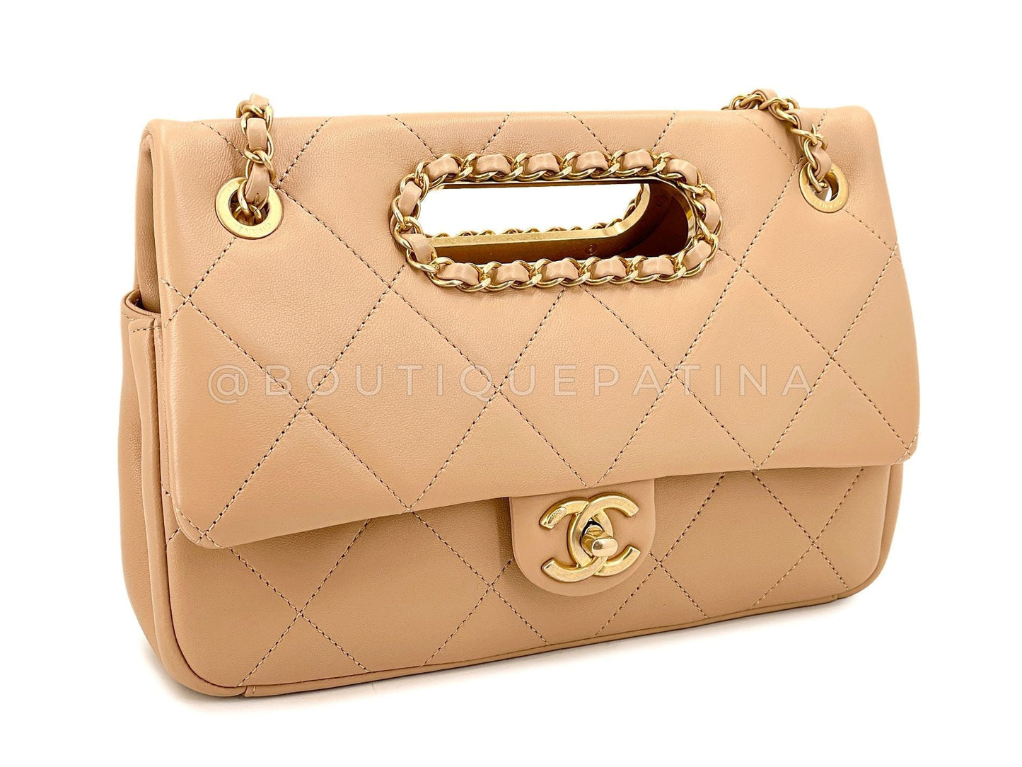 Chanel Beige Chain Handle A Real Catch Flap Bag GHW TTZ