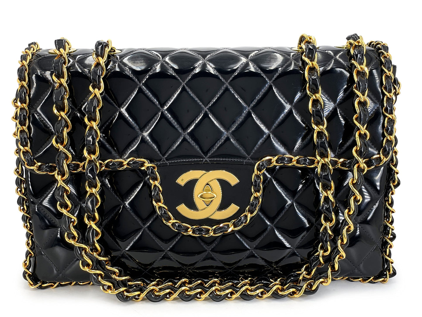 Chanel 1995 "Barbie" Black Patent Chain Around Maxi Flap Bag 24k GHW 6NC
