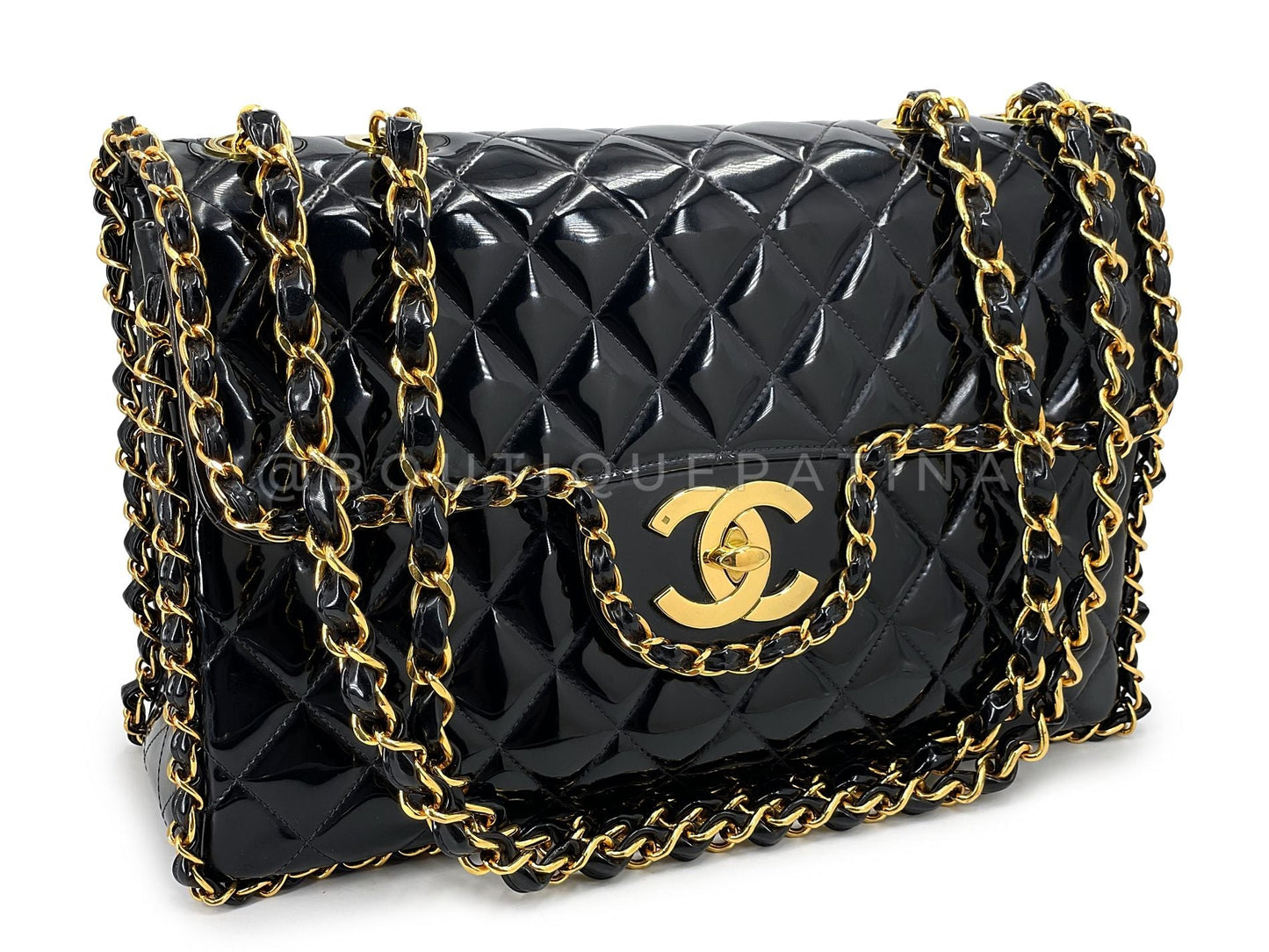 Chanel 1995 "Barbie" Black Patent Chain Around Maxi Flap Bag 24k GHW 6NC