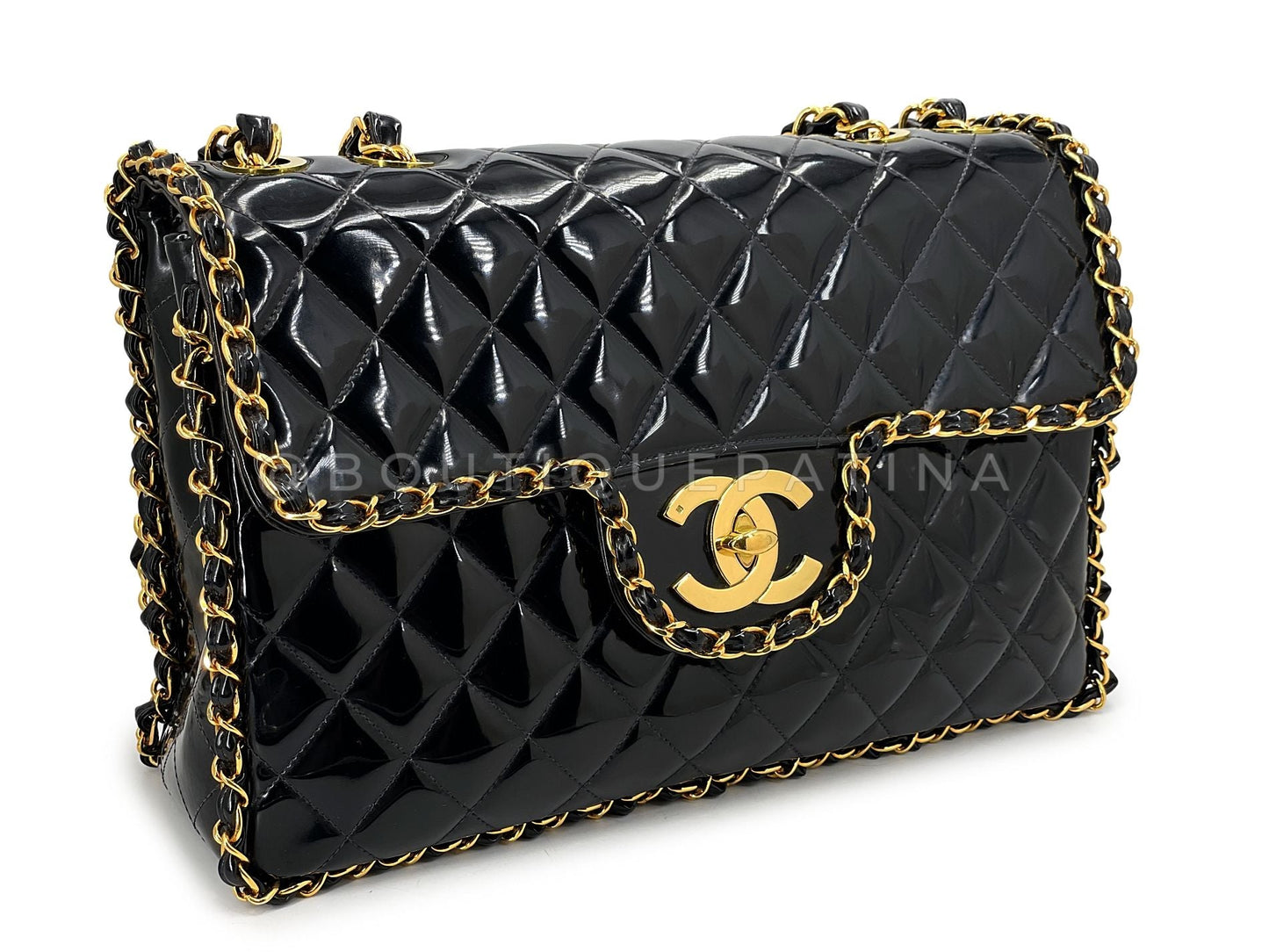 Chanel 1995 "Barbie" Black Patent Chain Around Maxi Flap Bag 24k GHW 6NC