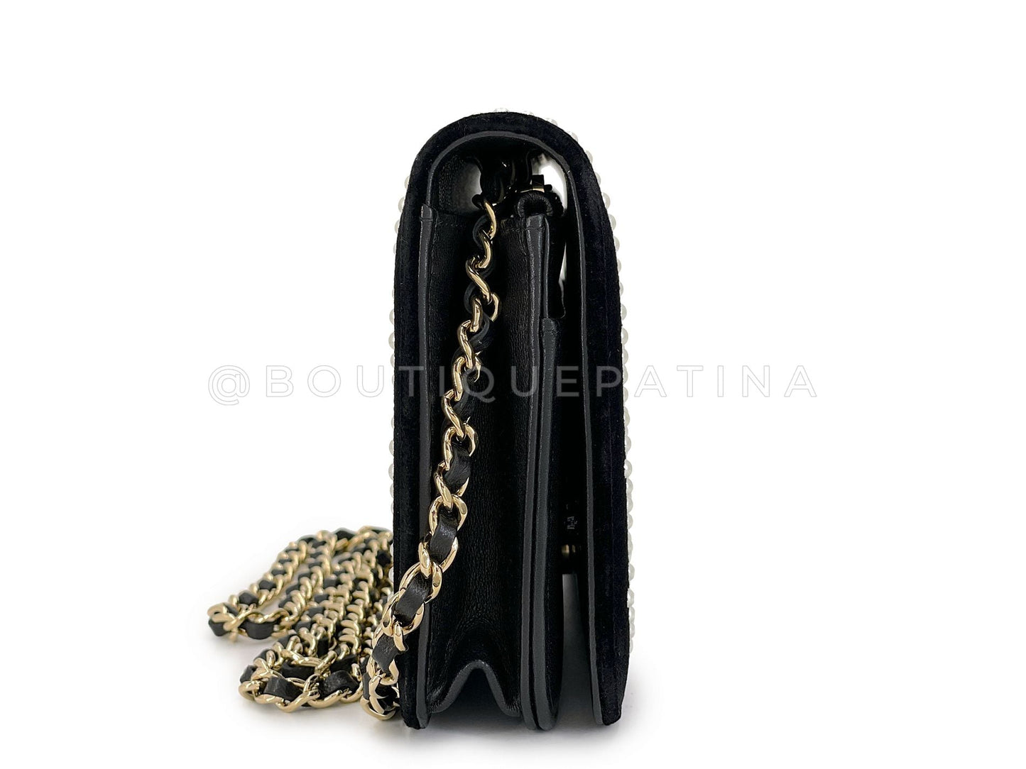 Chanel Black Velvet Pearl Studded Wallet on Chain WOC Evening Bag GHW X3O