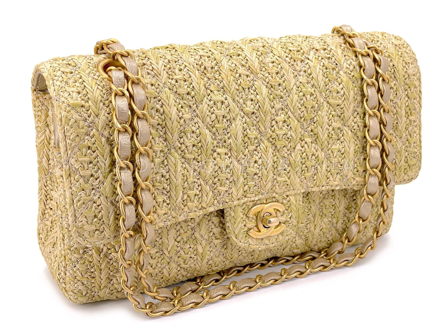 Chanel 18C Beige Raffia Medium Classic Double Flap Bag GHW Paris Athens MWZ