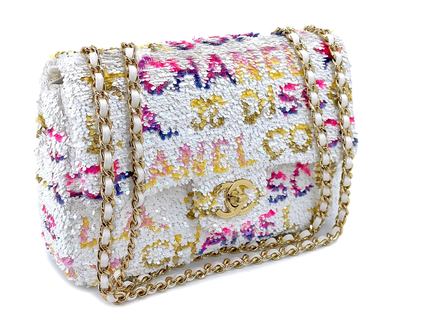 Chanel 24C White Letter Sequin Paris LA Mini Flap Bag GHW XXP