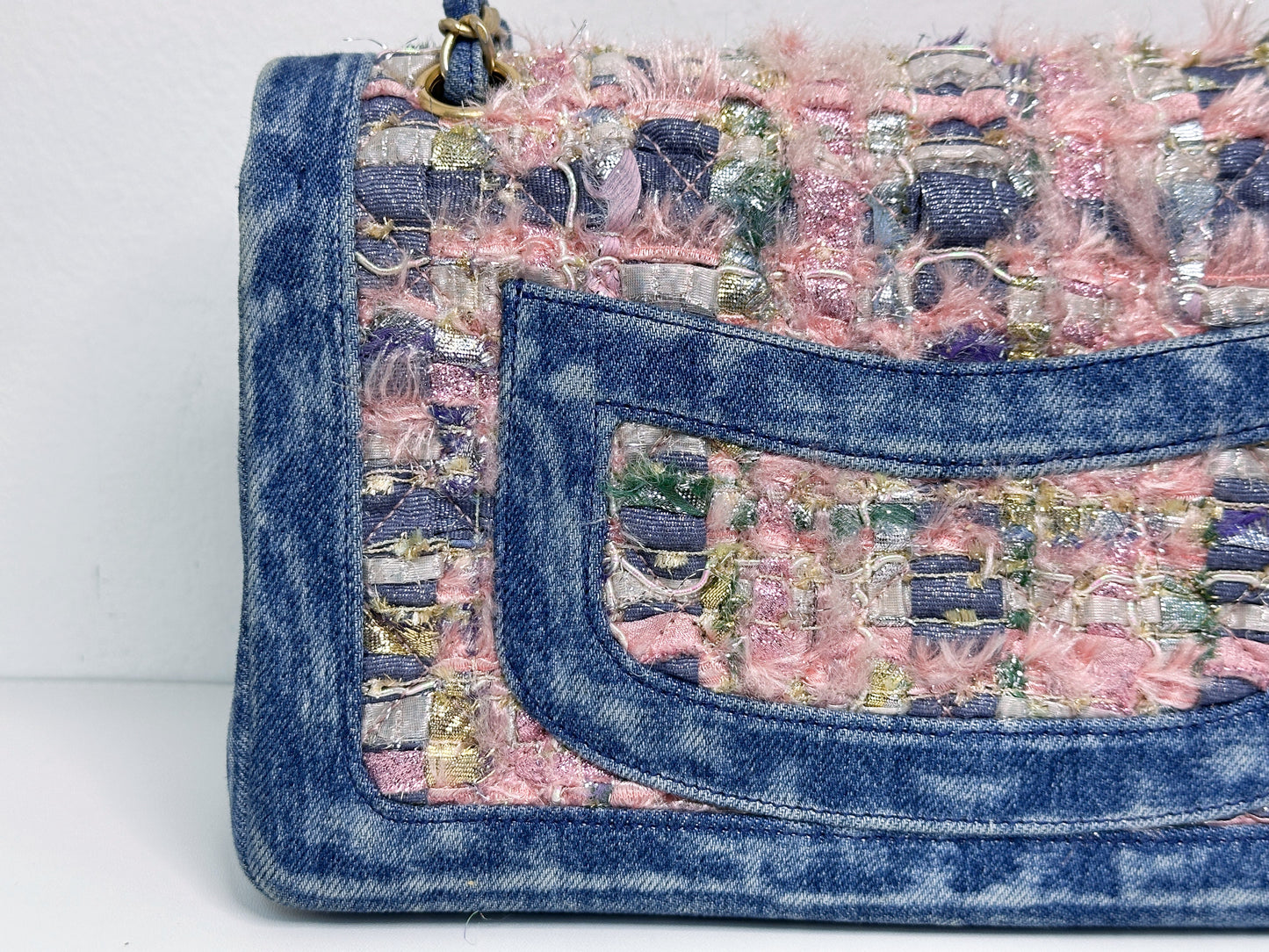 Chanel Pink, Silver, and Gold Tweed and Denim Medium Classic Double Flap Gold Hardware, 2016