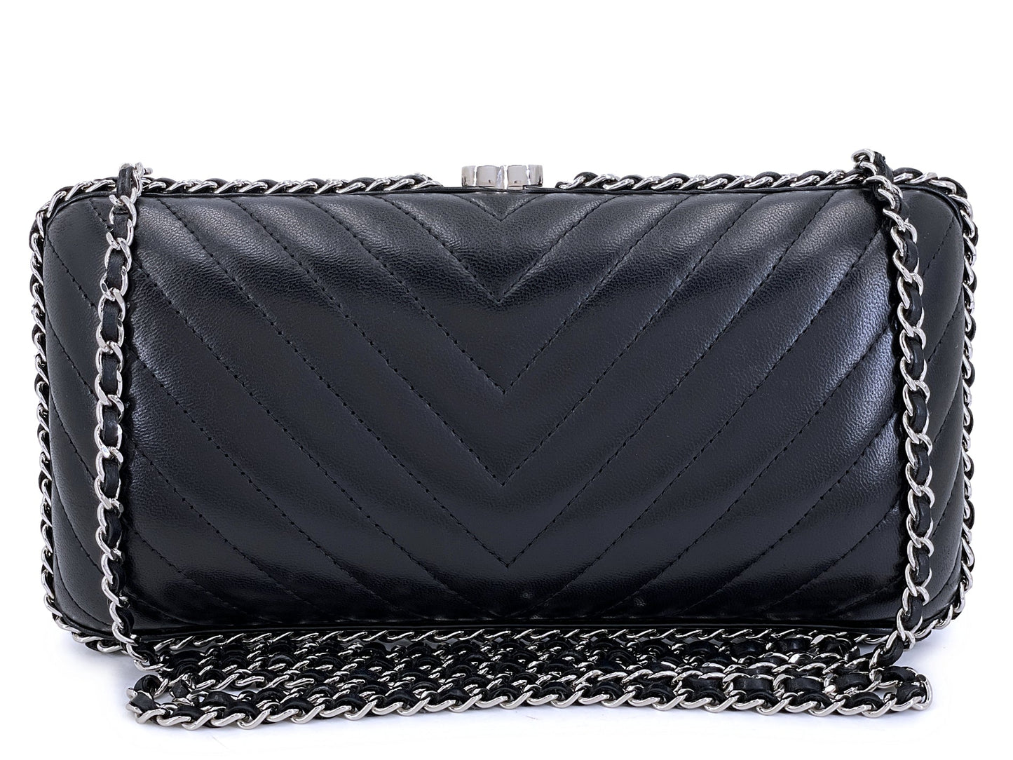 Chanel 2015 Black Chevron Hard Clutch on Chain Minaudière Evening Bag SHW JG3