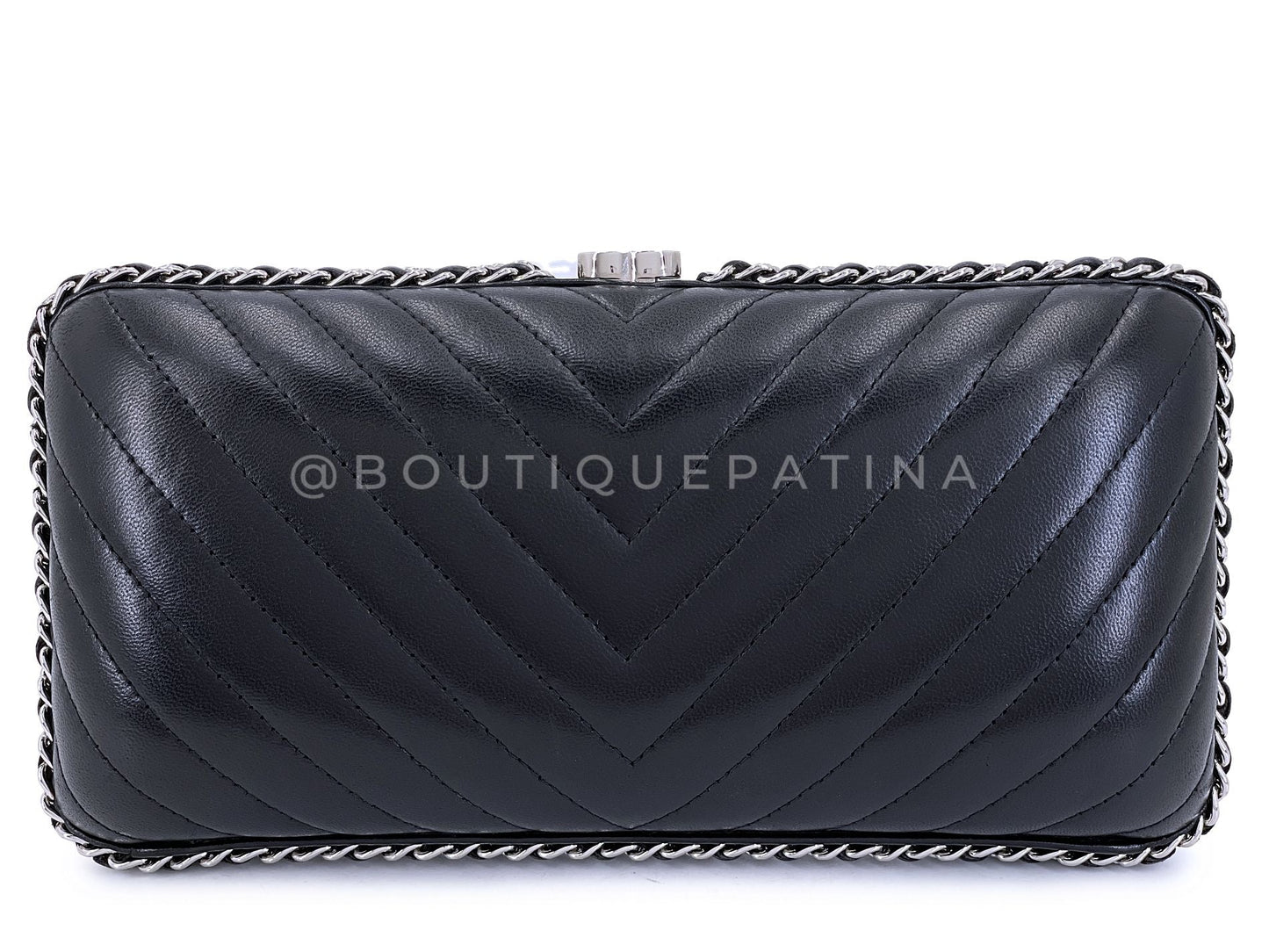 Chanel 2015 Black Chevron Hard Clutch on Chain Minaudière Evening Bag SHW JG3