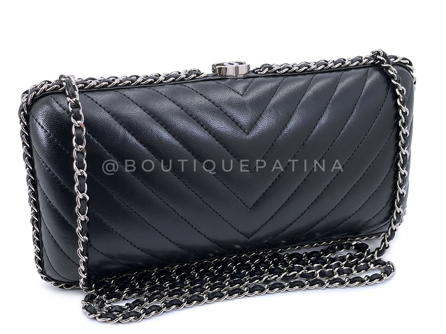 Chanel 2015 Black Chevron Hard Clutch on Chain Minaudière Evening Bag SHW JG3