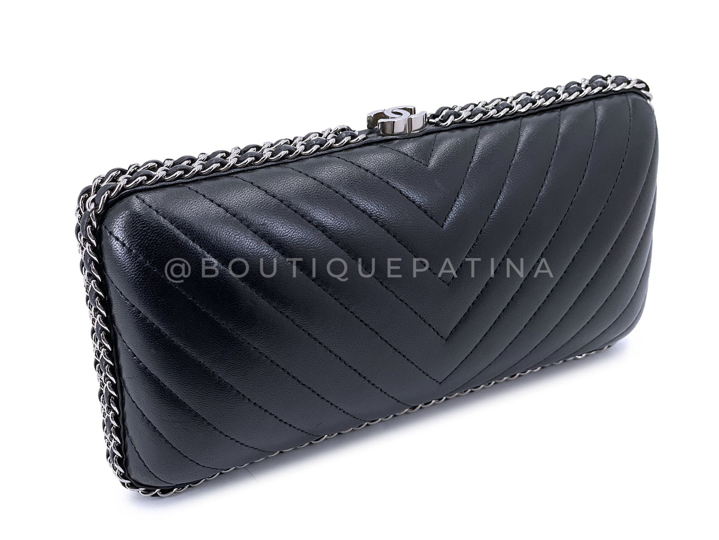 Chanel 2015 Black Chevron Hard Clutch on Chain Minaudière Evening Bag SHW JG3