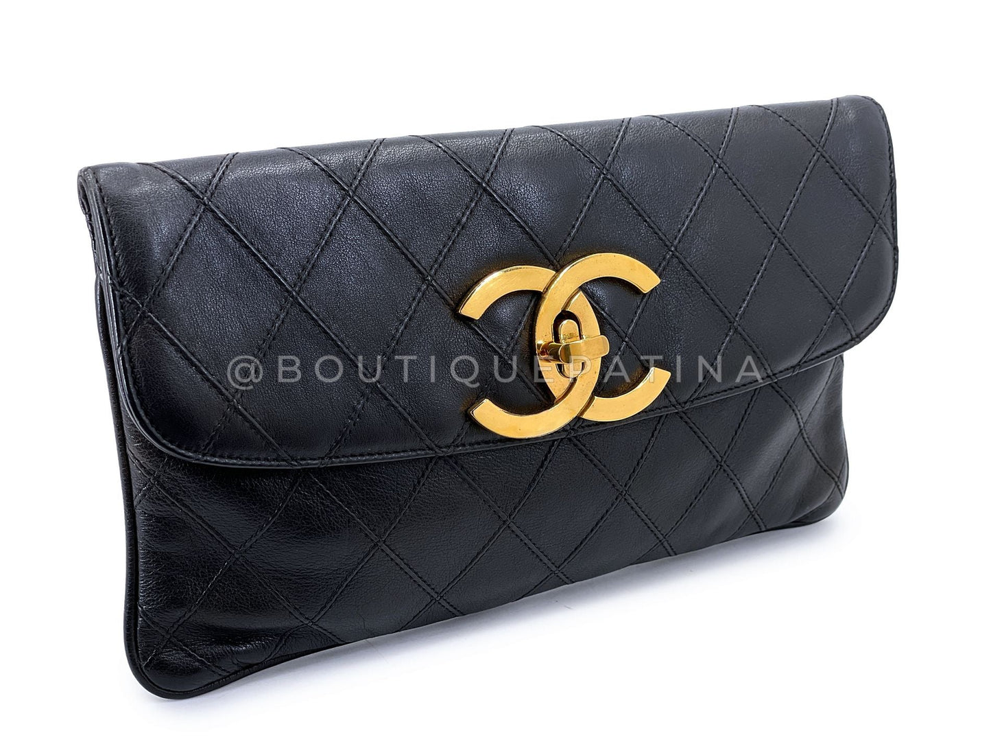 Rare Chanel 1988 Vintage Black Evening Clutch Bag Diamond Stitched 24k GHW 5OO