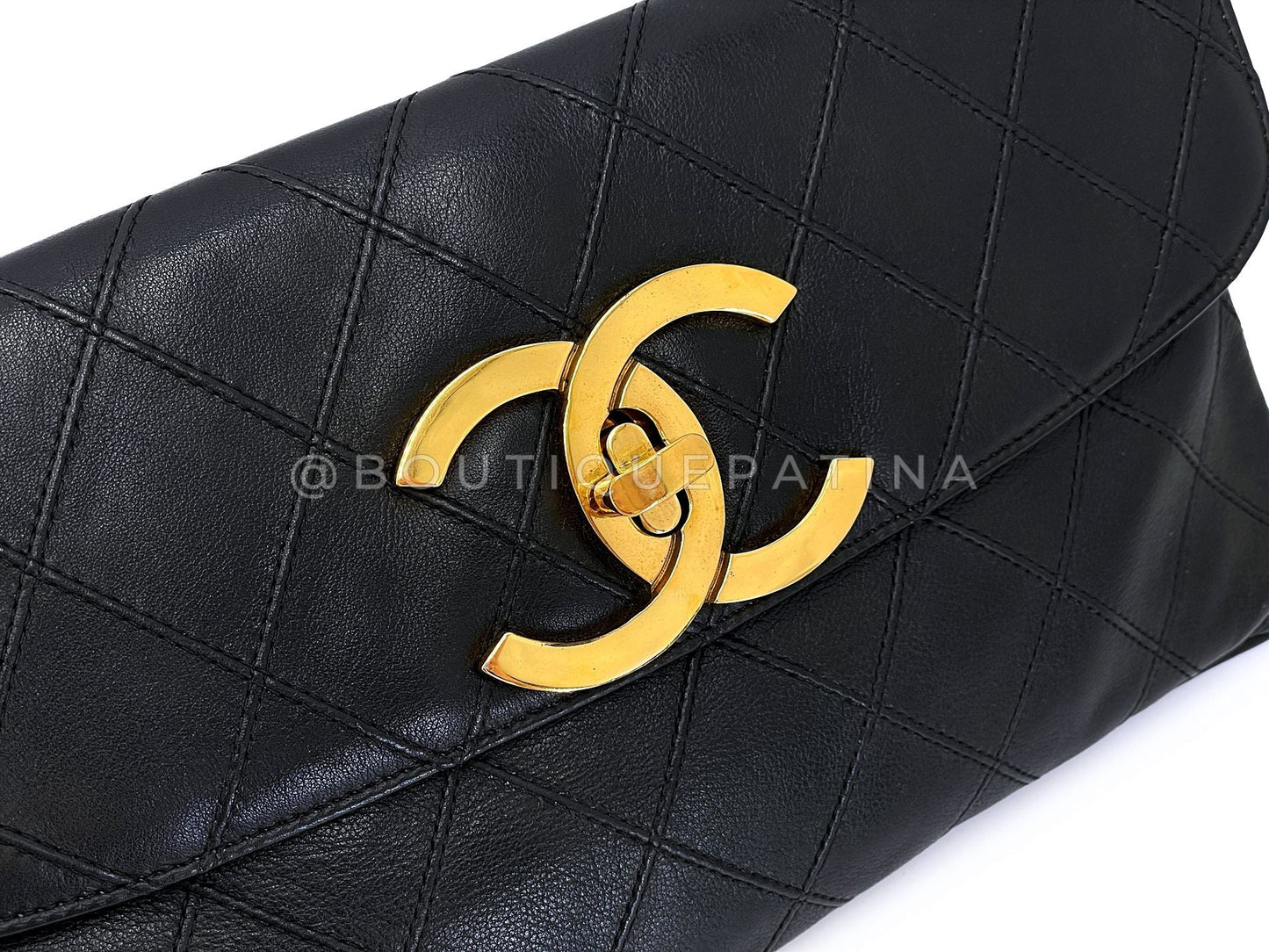 Rare Chanel 1988 Vintage Black Evening Clutch Bag Diamond Stitched 24k GHW 5OO