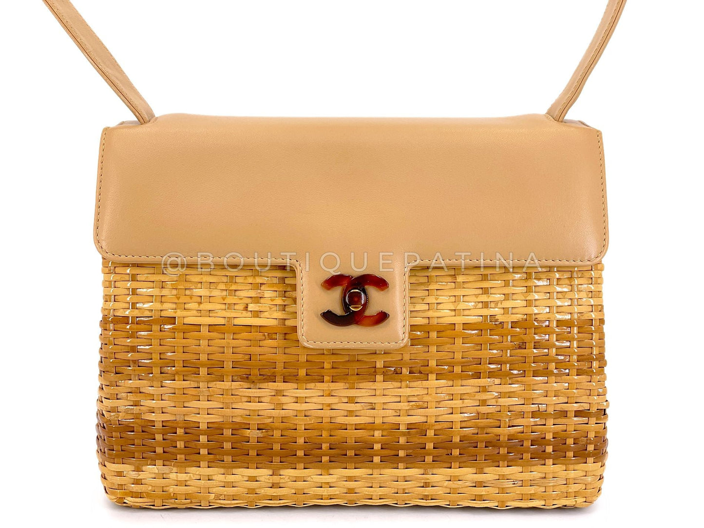 Chanel 1999 Vintage Rattan Wicker Picnic Flap Bag Beige Tortoise HW A3D
