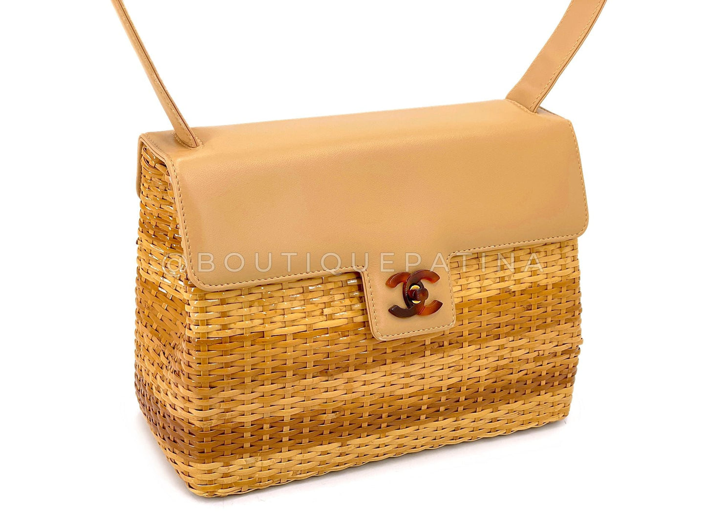 Chanel 1999 Vintage Rattan Wicker Picnic Flap Bag Beige Tortoise HW A3D