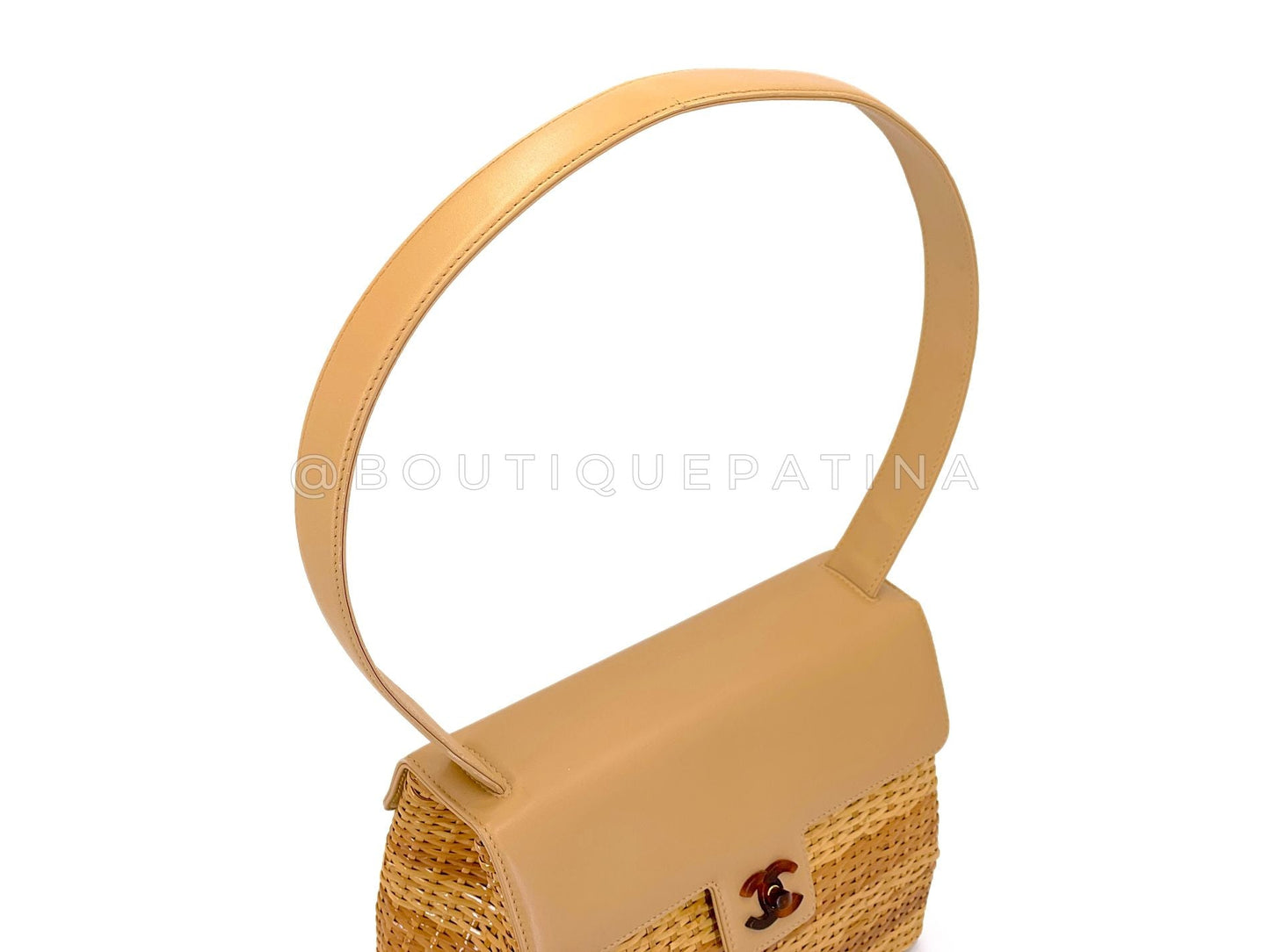 Chanel 1999 Vintage Rattan Wicker Picnic Flap Bag Beige Tortoise HW A3D