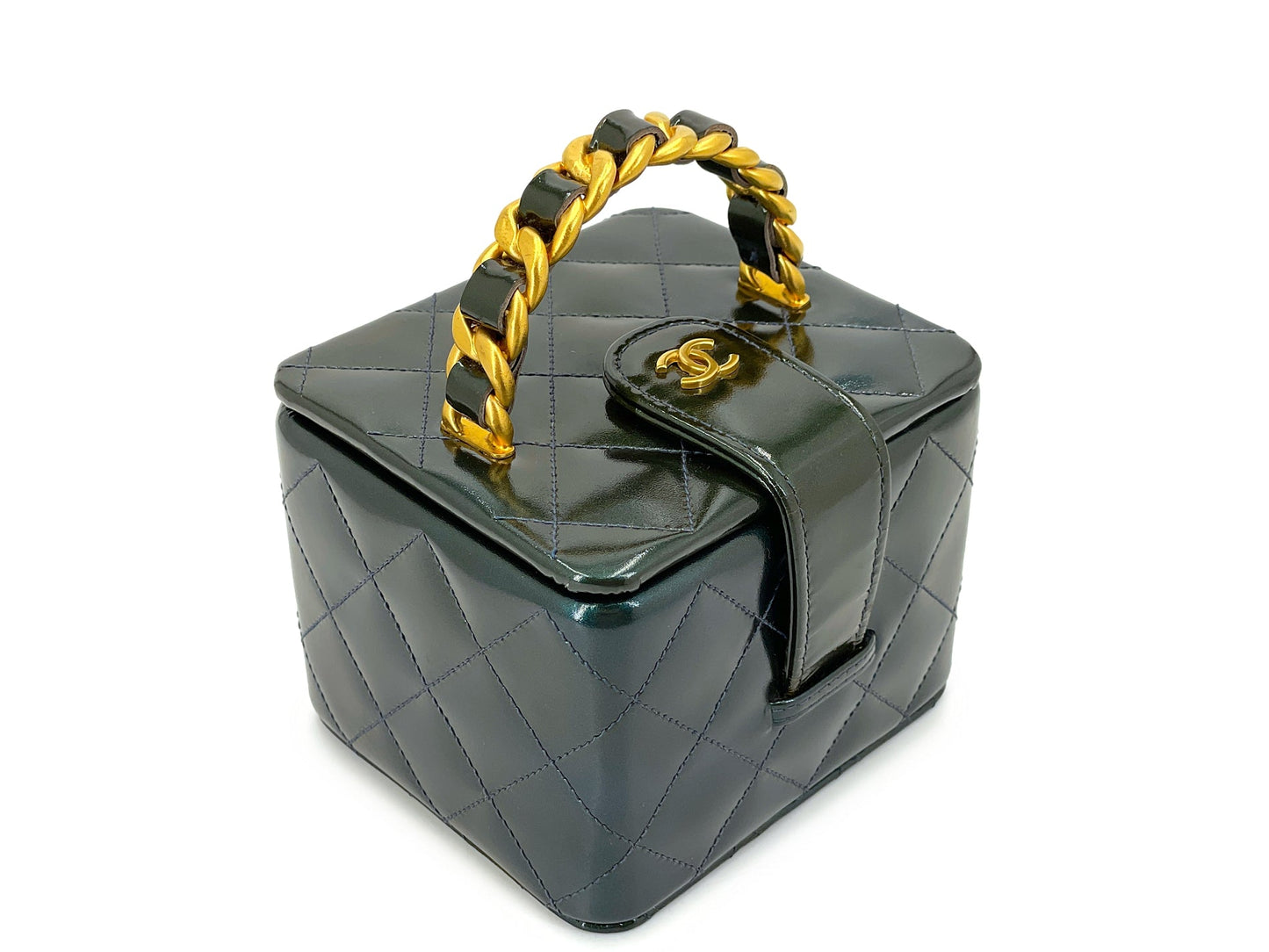 Chanel 1995 Runway Patent Forest Green Mini Vanity Case Bag 24k GHW 3UG