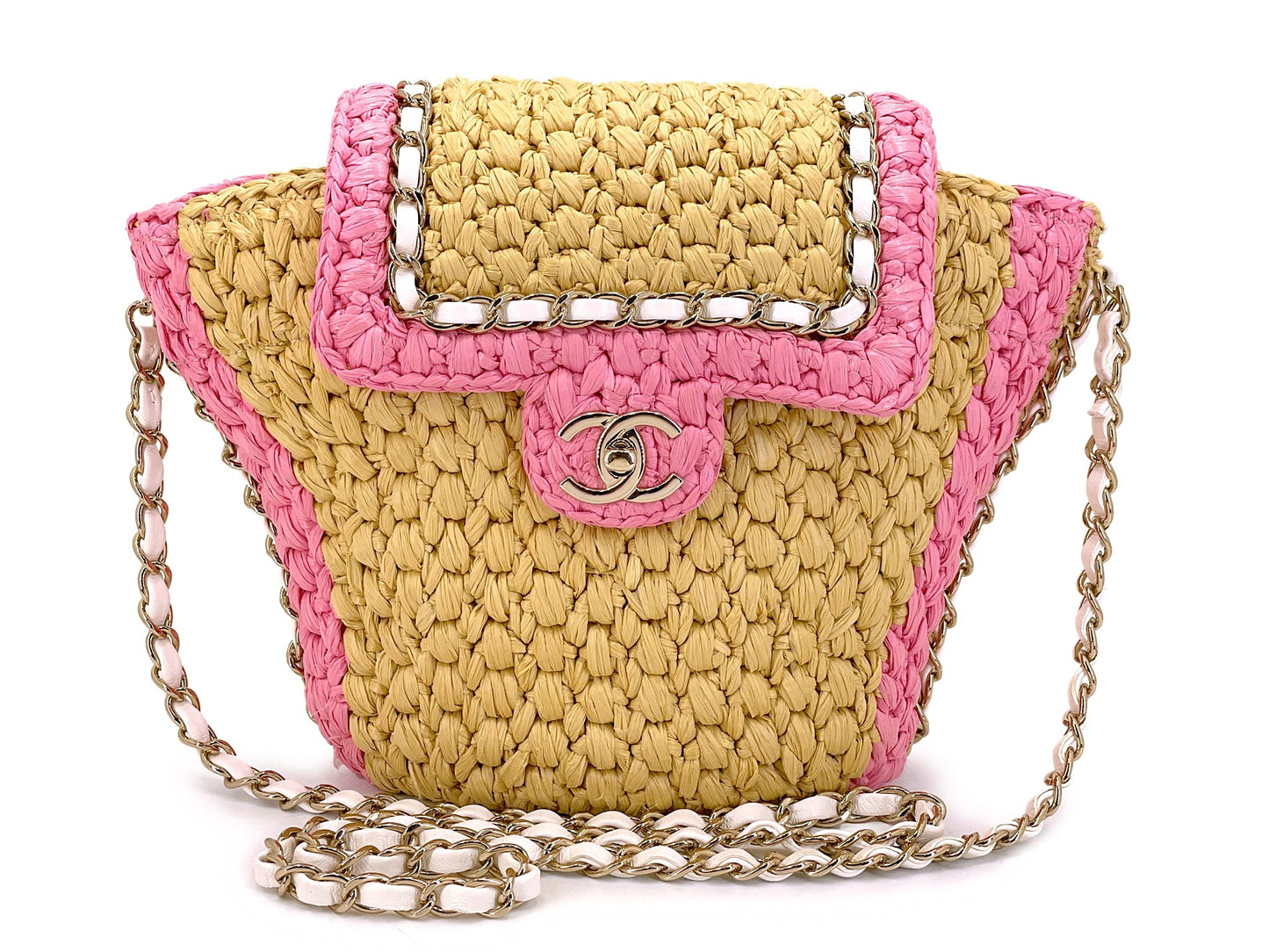 Chanel 24C Raffia Straw Pink Bucket Flap Bag GHW HXS