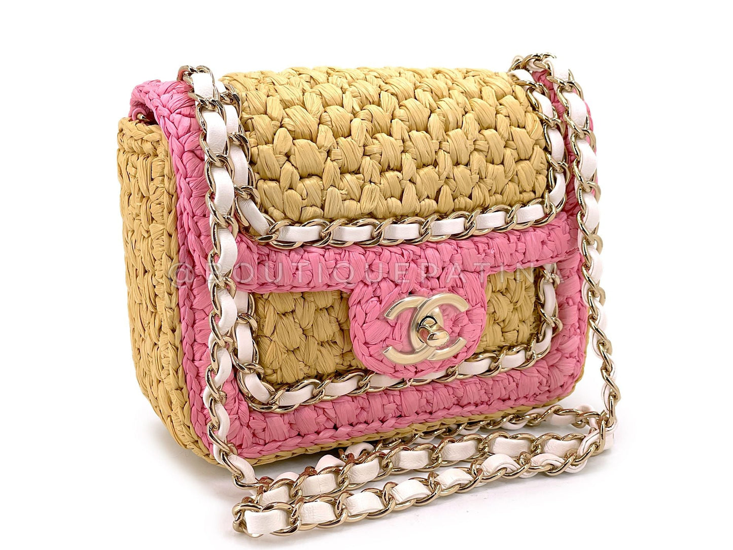 Chanel 24C Raffia Straw Pink Mini Flap Bag GHW SPU
