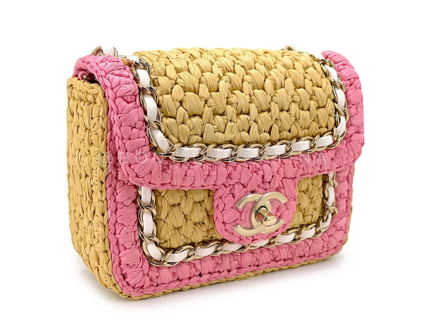 Chanel 24C Raffia Straw Pink Mini Flap Bag GHW SPU