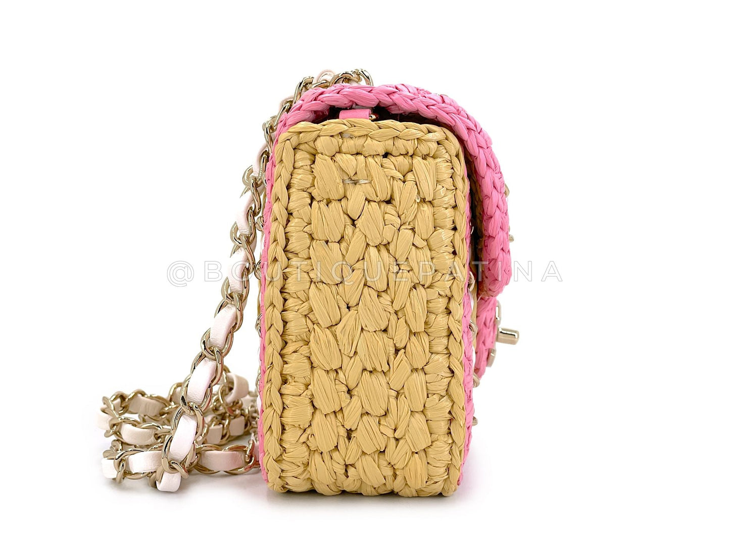 Chanel 24C Raffia Straw Pink Mini Flap Bag GHW SPU