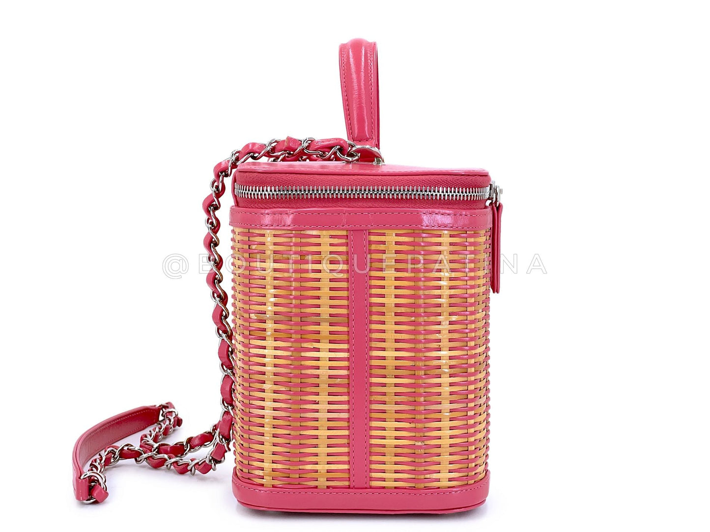 Chanel 2019 Large Rose Pink Wicker Rattan Basket Vanity Case Bag SHW 2SO