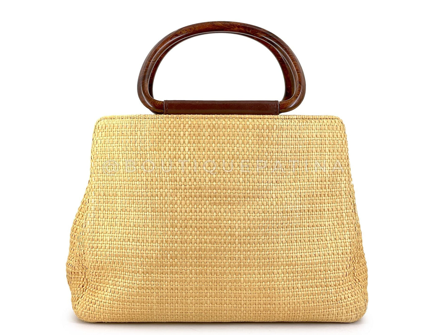 Chanel 2000 Vintage Straw Rattan Wooden Resin Handle Summer Tote Bag PLL