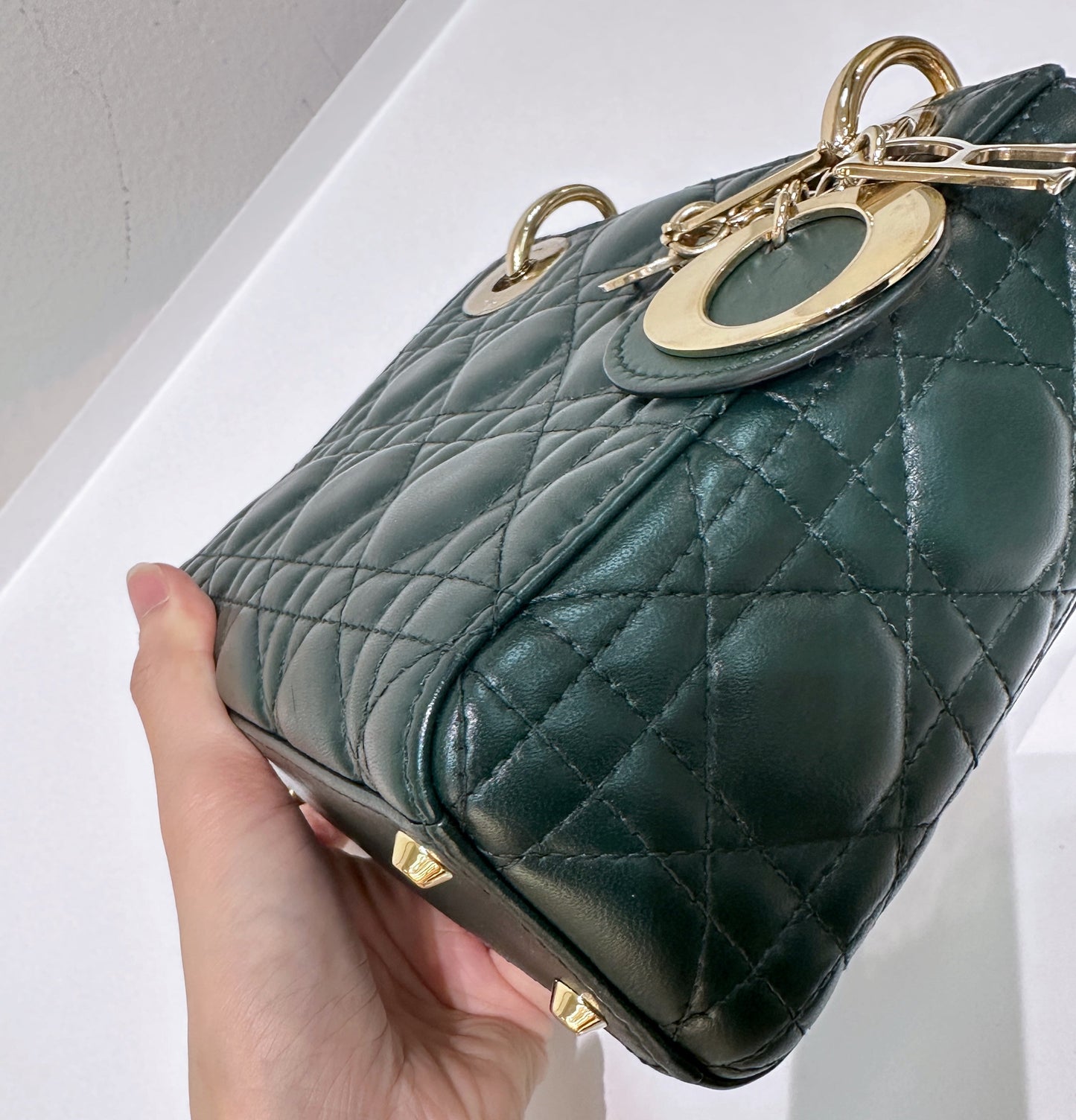 CHRISTIAN DIOR Lambskin Cannage Mini Lady Dior Dark Green