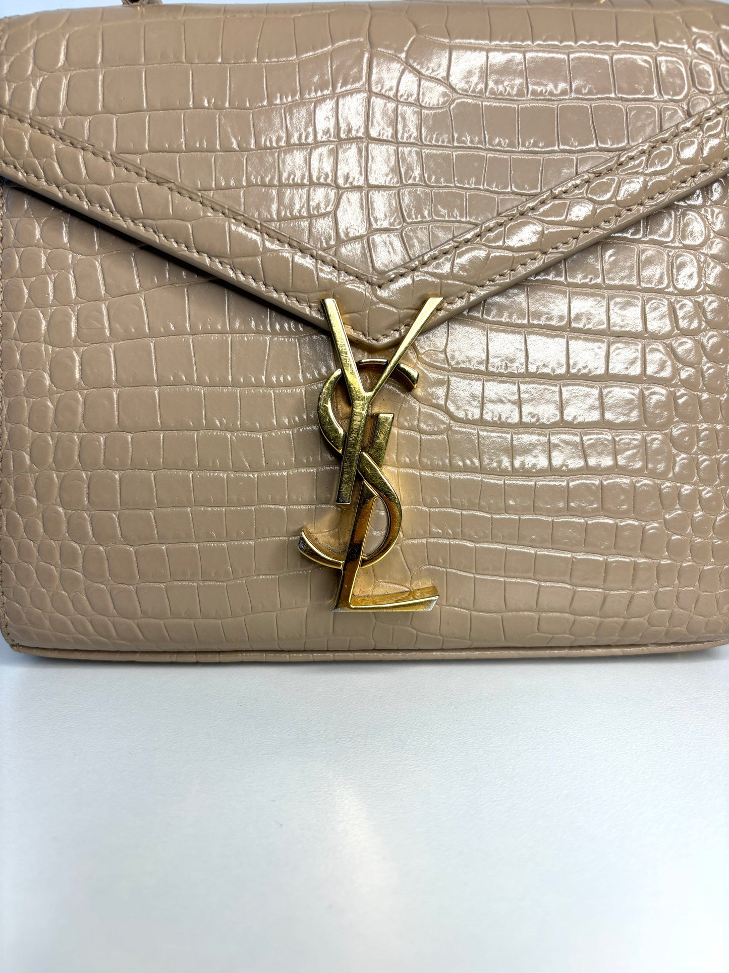 Saint Laurent YSL Crocodile Embossed Mini Classic Monogram Cassandra Nude Top Handle Bag